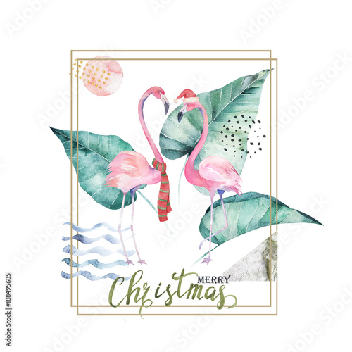 Christmas tropical frame. Watercolor palm tree, flamingo
