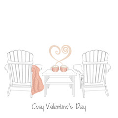 Relaxed home saint valentine's day illustration. Two outdoor wooden chairs with knitted plaid. Two cocoa cups with heart shaped steam and knitted mug cosy