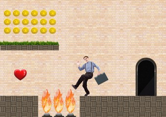 Sticker - Businessman in Computer Game Level with coins heart and traps