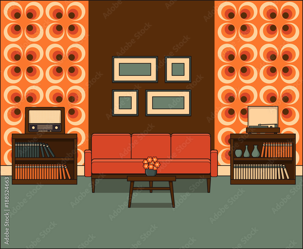 Retro living room in line art. Room interior 1960s. Linear illustration ...