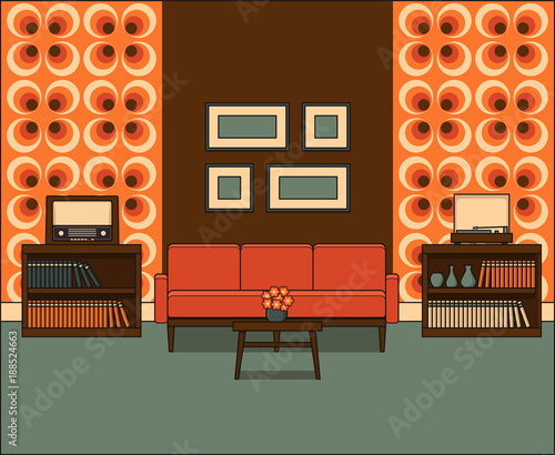 Retro Living Room In Line Art Room Interior 1960s Linear