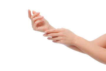 Woman hands with beautiful manicure isolated on white background