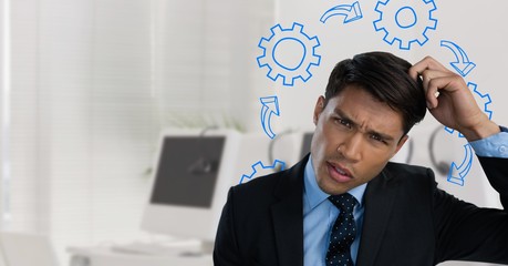 Sticker - Confused man scratching his head and frowning surrounded by cogs