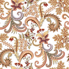 Seamless Ornate Pattern With  Small Flowers, Decorative Curls In Yellow Brown Tint