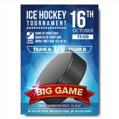 Canvas Print - Ice Hockey Poster Vector. Ice Hockey Puck. Vertical Design For Sport Bar Promotion. Ice Hockey Flyer. Invitation Illustration