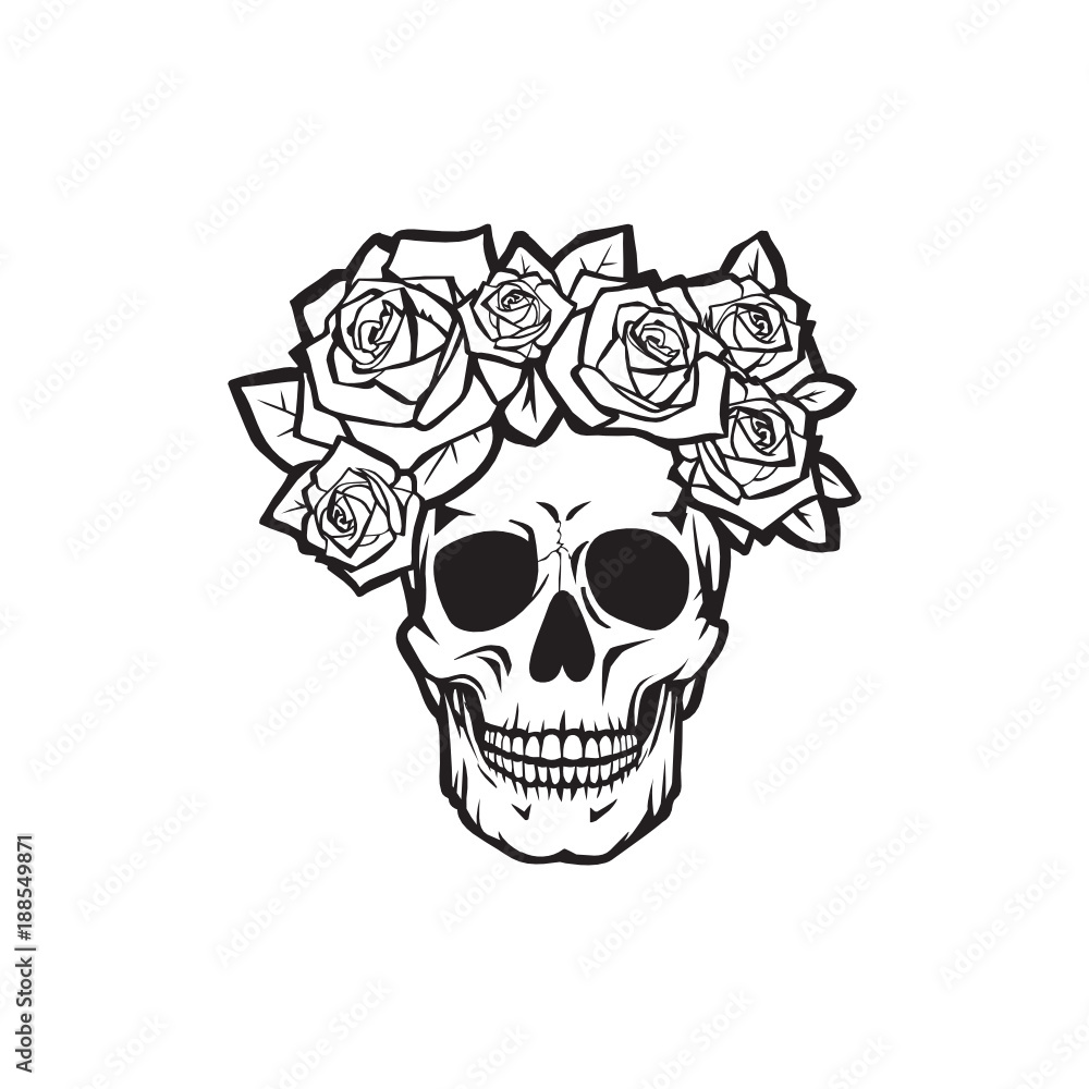Human skull with roses black and white , vector illustration Stock ...