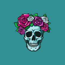 Human Skull With Colorful Roses, Vector Illustration