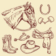 Western Riding Tack - Hand drawn pen and ink style illustration set