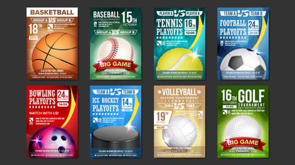 Sticker - Sport Posters Set Vector. Golf, Baseball, Ice Hockey, Bowling, Basketball, Tennis, Soccer. Design For Sport Bar Promotion. Bowling Ball. Modern Tournament. A4 Size. Championship Flyer Illustration