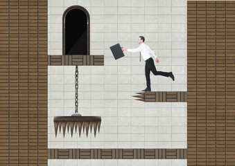 Poster - Businessman in Computer Game Level with coins and traps