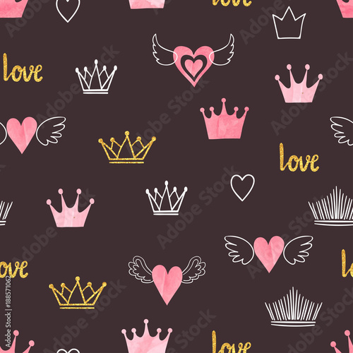 Seamess pattern with doodle crowns and hearts. Little princess design