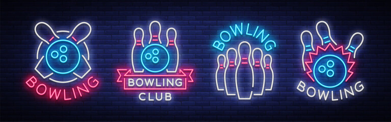 Bowling is collection of neon signs. Collection of Emblem Symbols, Neon Logo, Light Advertising Banner, Night Lighting Billboard, Design Pattern for the Bowling Club, Tournaments. Vector illustration