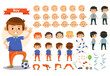 © vectorpocket - Boy kid playing football and toys vector cartoon child character constructor isolated icons body parts, hair or legs, arms and face emotions. Construction set for create young boy child playing sports