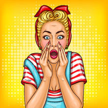 Vector Pop Art Pin Up Shocked Retro Vintage Style Girl With Opened Mouth. Adult Middle Age Blonde Housewife Woman Touching Face With Amazed Expression. Illustration For Sale Discount Promo Advertising