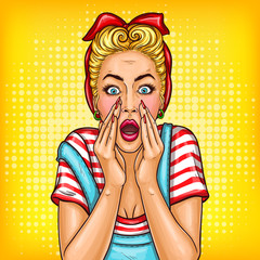 Wall Mural - Vector pop art pin up shocked retro vintage style girl with opened mouth. Adult middle age blonde housewife woman touching face with amazed expression. Illustration for sale discount promo advertising