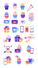 Wall Mural - Collection of trendy neon vector icons. Colorful illustrations with heart, cup, arrow, gift, cupcake. Cute gradient icons on white isolated background.