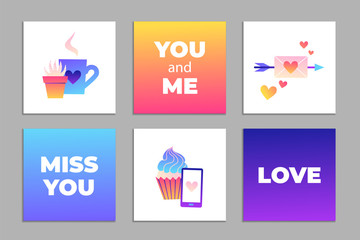 Wall Mural - Set of cute gradient templates for valentines day. Collection of flat illustrations with text, heart, cupcake, envelope. Modern neon colors vector design.