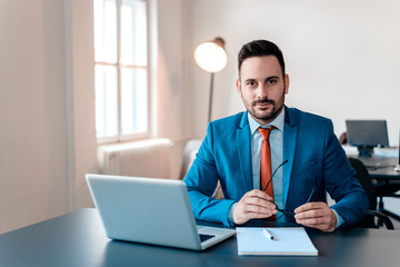 Portrait of young smiling businessman with laptop sitting in modern office.