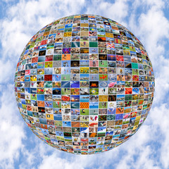 Wall Mural - Big Multimedia Video Wall Sphere at tv screens showing living in the world