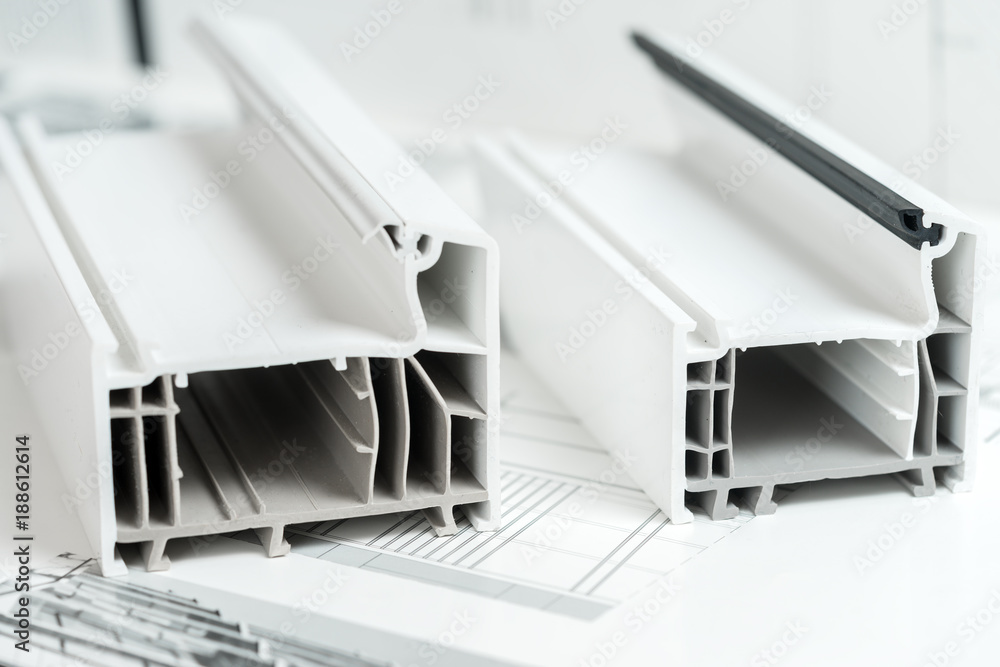A cross section of pvc window. PVC window profile cut. Design of pvc ...