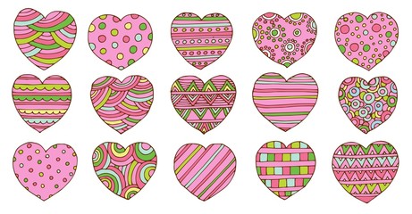 Wall Mural - Valentines day hearts doodles set. Romantic stickers collection. Hand drawn effect vector. Exercise book paper. Love theme simple sketches for web design or printed products.