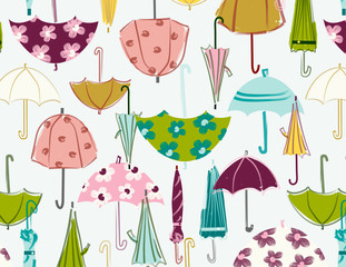 Sticker - Umbrella vector illustration. Seamless repeating pattern for fabric, baby shower paper, cards, invitations, gift wrap, backgrounds and more. Cute, sweet, simple, colorful print.