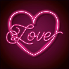 Canvas Print - neon word love with heart design element for happy valentines day vector illustration