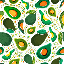 Vector Seamless Pattern With Fresh Green Avocado Isolated On White Background. Hand Drawn Doodle Illustration. Trendy Design For Summer Fashion Textile Prints And Backgrounds. Vegetarian Food.