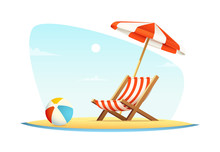 Leisure Or Rest At Sea. Vacation And Travel Concept. Beach Umbrella And Beach Chair On Sea Coast