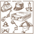 Retro hotel guest travel items and service staff accessory vector sketch icons