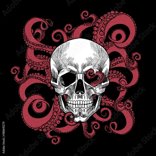 Skull and tentacles of the octopus .Vector seamless pattern Stock