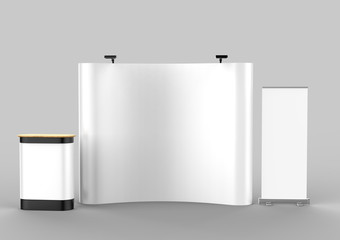 Wall Mural - Exhibition Tension Fabric Display Banner Stand Backdrop for trade show advertising stand with LED OR Halogen Light with standees and counter. 3d render illustration.