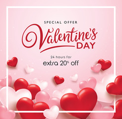 Wall Mural - Valentines day sale poster with red and pink hearts background