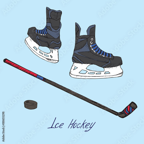 Ice hockey skates, stick and puck, hand drawn doodle sketch with inscription, isolated vector