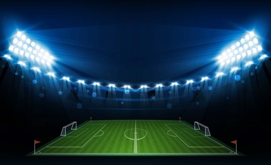 Football arena field with bright stadium lights vector design. Vector illumination