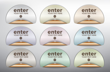 Wall Mural - Abstract vector sticker set of 9. Round sale stickers in pastel colors with bronze curled corner. Isolated with transparent light and shadow on the white panel. Vector illustration. Eps10.