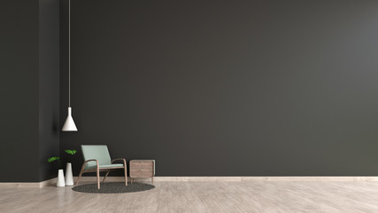 Wall Mural - Modern interior living room wood floor black wall with green chair template for mock up 3d rendering. minimal living room design