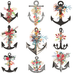 Poster - Collection of beautiful anchors decorated by flowers