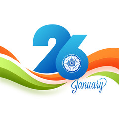 Sticker - Paper text 26 January on national tricolors wave, Indian Republic Day background.