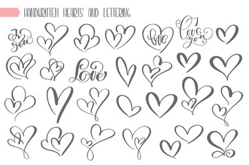 big set valentines day hand written lettering heart love to design poster, greeting card, photo albu