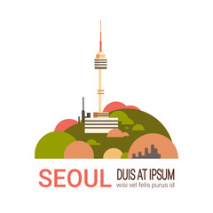 Wall Mural - Seoul Tower Cityscape South Korea City View With Famous Landmarks Modern Cityscape Banner With Copy Space Vector Illustration