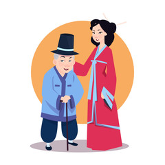 Wall Mural - Old Asian Man With Young Woman In Japanese Kimono Korean Characters Wearing Traditional Clothes Vector Illustration