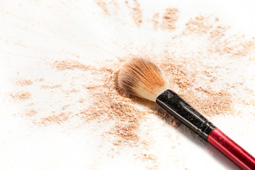 Wall Mural - Close-up of crushed mineral shimmer powder golden color with makeup brush