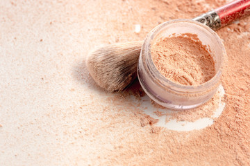 Poster - Close-up of crushed mineral shimmer powder golden color with makeup brush