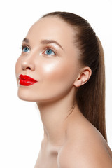 Wall Mural - Beautiful woman portrait with red lips and nude make up.