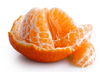 A Half Peeled Mandarin Split Into Segments Isolated On White.
