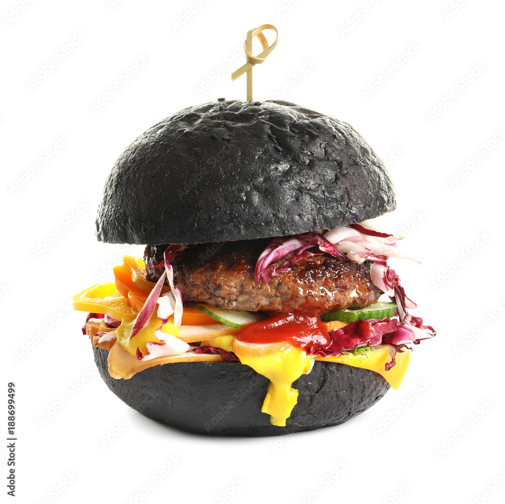 Tasty black burger on white background