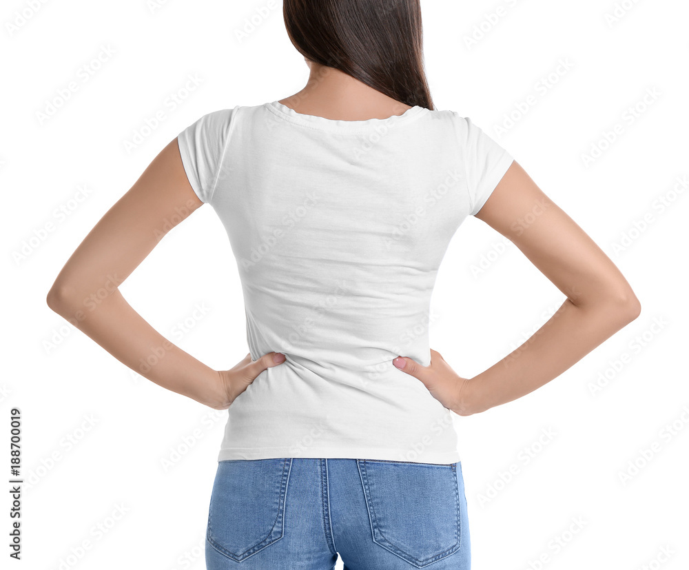 Young woman in t-shirt on white background. Mockup for design
