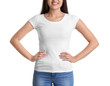 © Africa Studio - Young woman in t-shirt on white background. Mockup for design