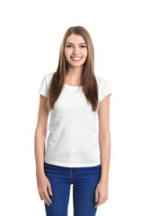 Sticker - Young woman in t-shirt on white background. Mockup for design